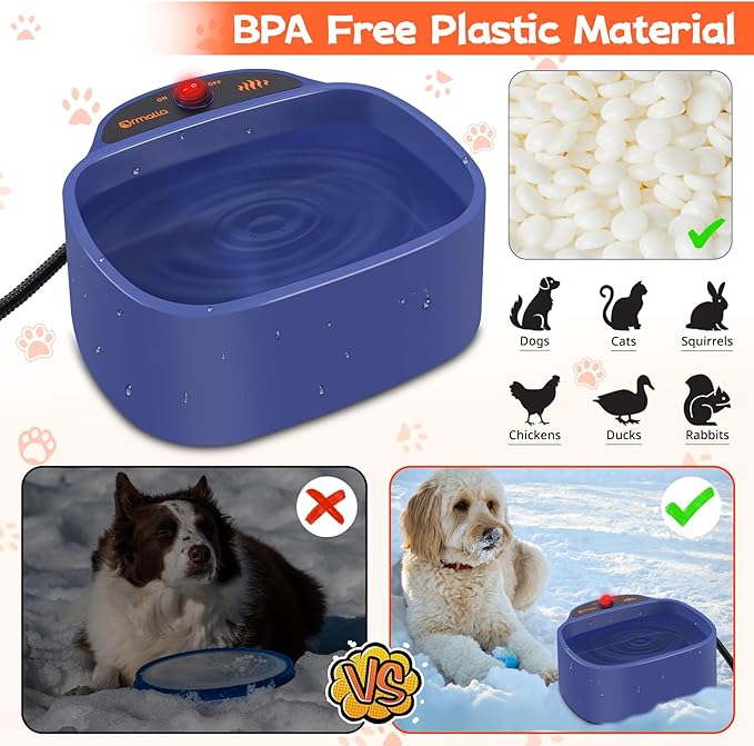 Heated Dog Bowl, 96oz/2.8L Outdoor Heated Water Bowl for Dogs, Cats, Chickens and Squirrels, Heated Pet Bowl with Chew Resistant Power Cord and ON/Off Switch, 35W