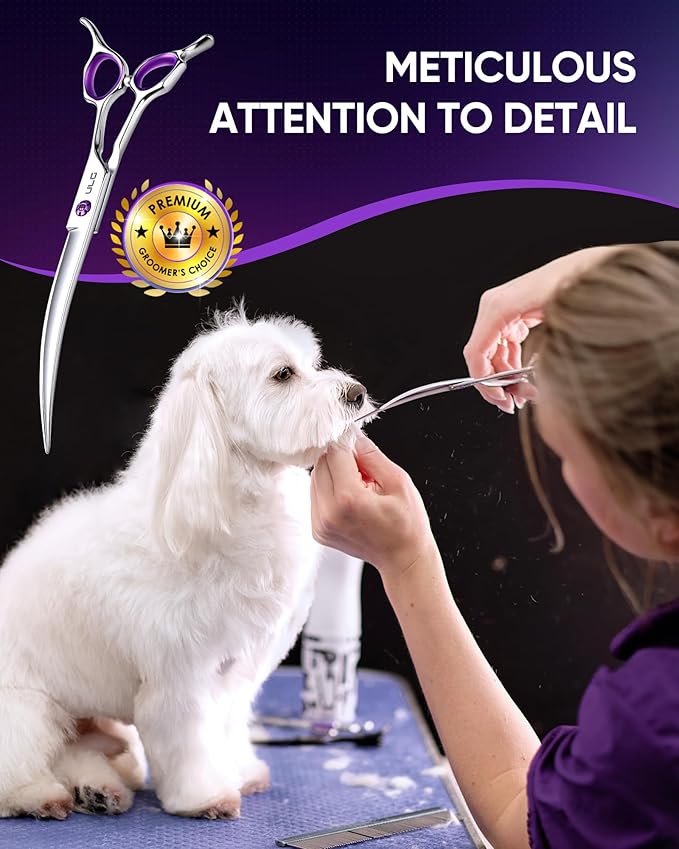 ULG 30° Curved Dog Grooming Scissors 440C Stainless Steel, 7.5" Professional Pet Grooming Shears with Reversible Butterfly Handles, Dog Scissors for Grooming Face, Eyes, Paws & Body