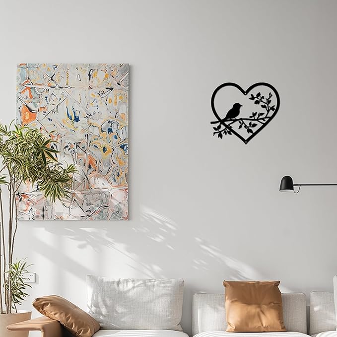 CREATCABIN Metal Bird Wall Art Branch Black Wall Decor Sculpture Birds Love Heart Silhouette Hanging Home Decor Sign Ornament for Home Garden Living Room Bedroom Indoor Outdoor 11.8 x 10.6 Inch