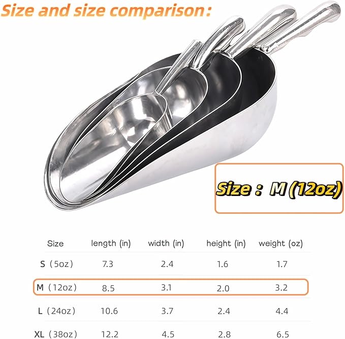 Ice Scoop, Heavy Duty Cast Aluminum, Ergonomic S-Curve Handle, Commercial Grade for Ice, Coffee, Popcorn, Flour, Sugar, Food-Grade & Rust-Proof Kitchen Tool (M (12oz))