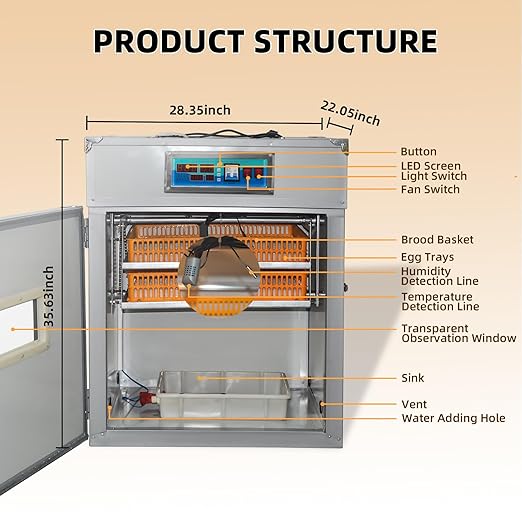 XKV 176 Eggs Incubator with Automatic Egg Turning,Temperature Humidity Control,Automatic Digital Egg Hatcher,For Chick,Duck,Poultry,Industrial Brooding Machine Chicken Incubator for Farm,Home,Indoor