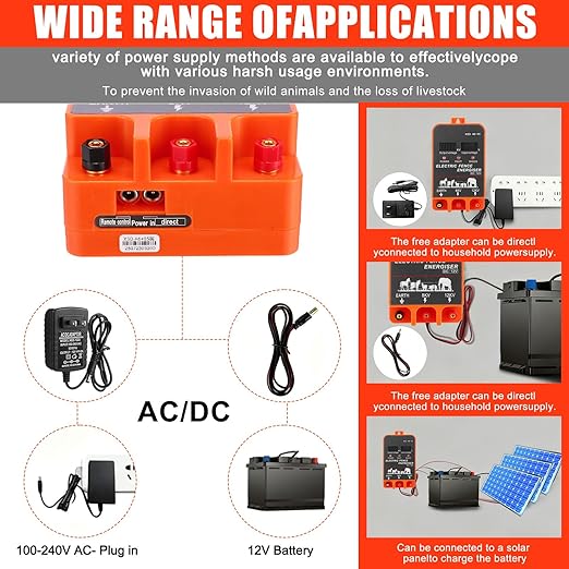 5.5J Electric Fence Charger with Digital Display & Alarm, AC/DC Dual Power, 12V Input 8KV/12KV Output, 250ft Aluminum Wire 50 Insulators & Socket Tool for Animal Control Predator Deterrent