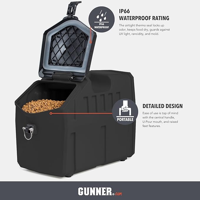 GUNNER 50 lbs Dog Food Storage Container - Waterproof & Airtight Pet Food Bin - Multi-Purpose Container for Dry Food, Corn, Chicken Feed, Treats, Bird Seed, & More - Black