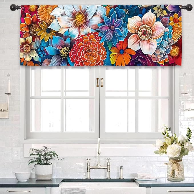 Bohemian Colorful Flower Kitchen Curtain Valance 54W x 18L Inch Blossom Botanical Plant Vintage Rod Pocket Short Cafe Small Window Treatment Drapes Decor