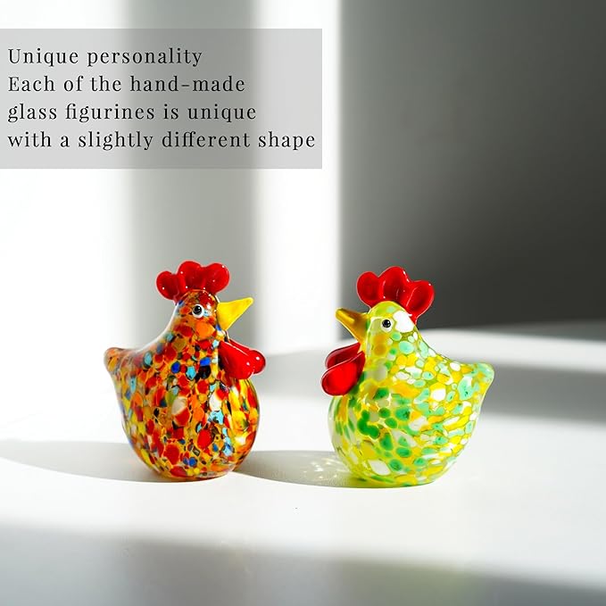 H&D HYALINE & DORA Set of 2 Mini Glass Rooster Figurines Art Blown Glass Chicken Collectible Figurine Crystal Animal Ornaments for Farm Thanksgiving Centerpiece Decor