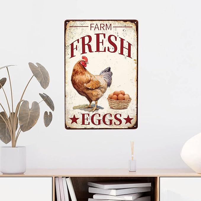 Chicken Vintage Metal Poster Farm Fresh Eggs Sign Decor-Retro Aluminum Funny Metal Tin Sign for Kitchen Farmhouse Store Market Country Farm Barn Supermarket, Outdoor Wall Signs Gift, 12''x 8''