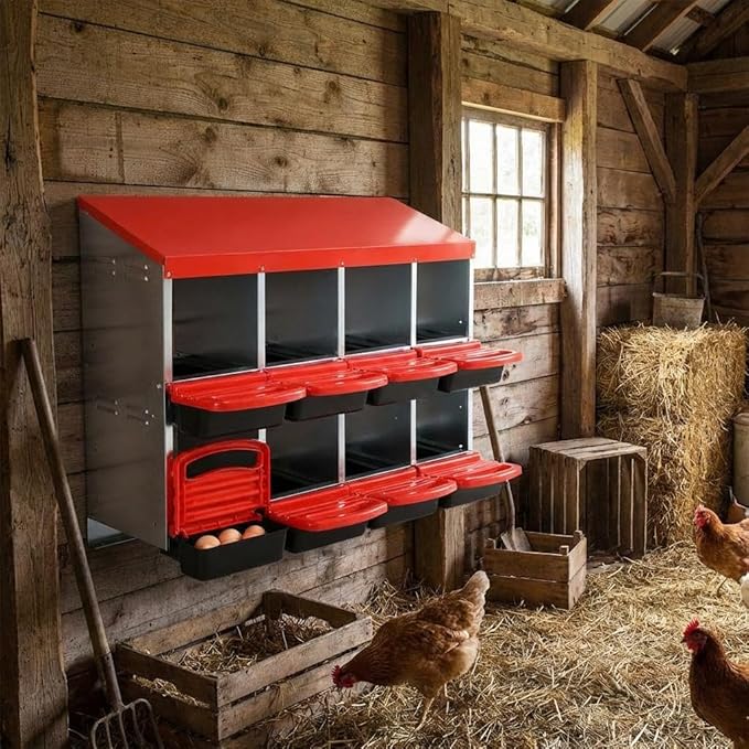 Chicken Nesting Boxes for Chickens, 8 Compartments Metal Roll Away Nest Box for Chicken Coop, Eggs Laying Boxes with Removable Lid, 2 Layer for Chicken Coops, Duck Coops and Hens, Red