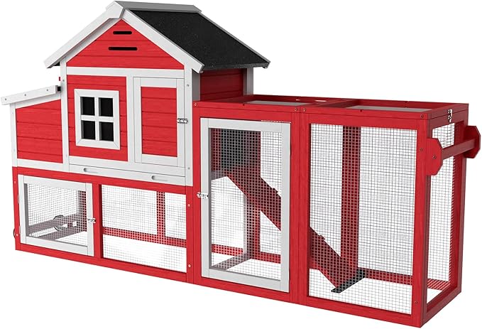 Chicken Coop for Outdoor, Mobile Poultry Cage with Wheels, Nesting Box, Weatherproof Roof and Leakproof Pull-on Tray for 4-6 Chickens, 78.7" L x 21.5" W x 43.7" H (Red)
