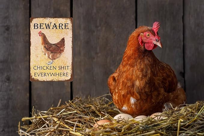 Retro Funny Chicken Tin Sign,Vintage Chicken Coop Metal Poster, Farm Wall Art Decor for Outdoor Home Fence Kitchen Bedroom,Gifts 8×12 Inches (CHICKEN SHIT EVERYWHERE)