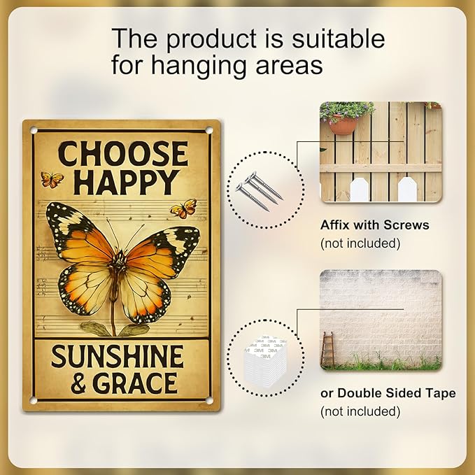 Motivational Wall Decor Metal Sign – Inspirational Butterfly Wall Art, Vintage Tin Sign with “Choose Happy” Quote – Rustic Farmhouse Butterfly Wall Decor for Bedroom, Living Room, or Country Home