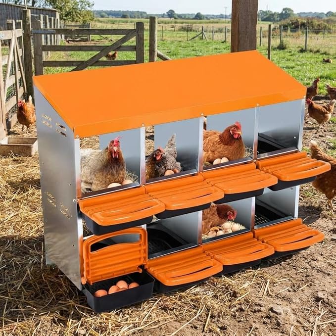 Chicken Nesting Box 8-Hole Roll Away Egg Laying Box with Lid, Galvanized Steel Rustproof Poultry Coop Box, Easy Clean, Wall Mountable No Bracket Needed for Hens, Orange