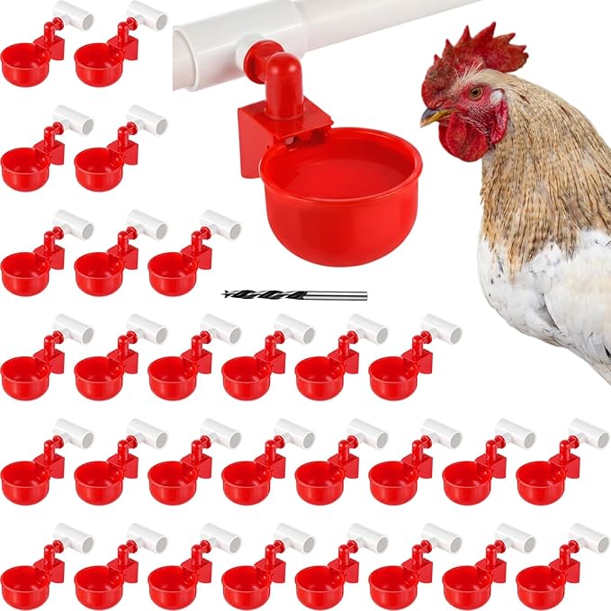 LemonRoad 30 Set Automatic Chicken Waterer Cups with 1/2" PVC Tee Fitting Chicken Drinking Bowl, Poultry Drinker Mounting Hole Opener,Water Dispenser Feeder for Duck, Goose, Turkey, Pigeon(Red)