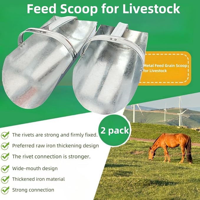 Feed Scoop for Livestock - Metal Feed Grain Scoop for Livestock, Heavy Duty Stackable Feed Scoop with Enclosed Handle for Gardening Farms, Chicken, Livestock, Bird, Farm Animal, 2 Pack, 2 Size