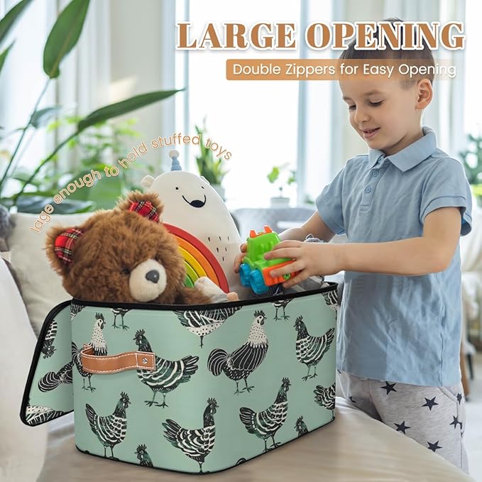 Modern Farmhouse Animal Chicken Storage Bins With Lids Fabric Collapsible Storage Box with Leather Handles for Home Bedroom Foldable Closet Shelf Organizer