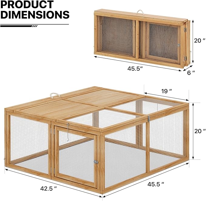 MoNiBloom Foldable Chicken Run Wood Chicken Coop Rabbit Hutch No Assembly Required Indoor/Outdoor Small Animal Nesting Box Habitat Enclosure Spacious Pet Playpen, 45.5" L x 42.5" W x 20" H, Natural