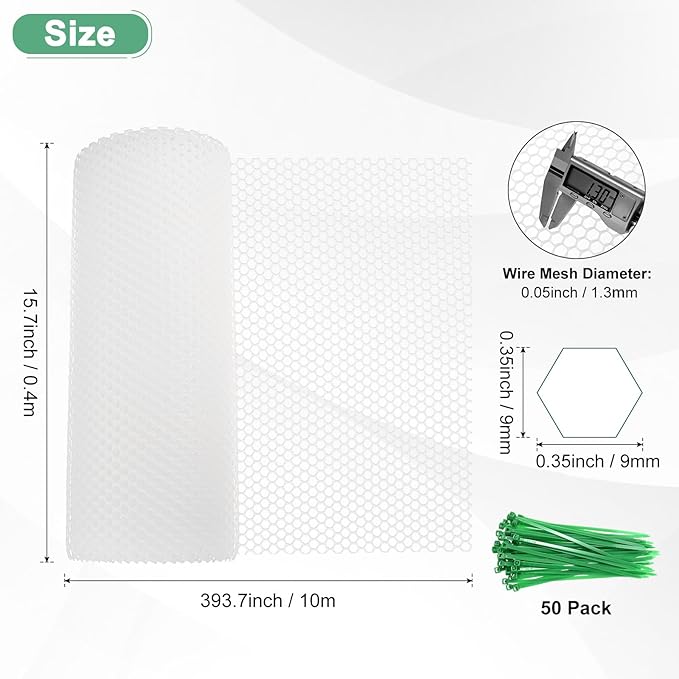 1-Pack Floral Chicken Wire Mesh, 15.7 in x 33 ft Plastic Hexagonal Chicken Wire Fencing with 50 Garden Ties for Crafts/Poultry Netting/Garden/Plant Protection [White]