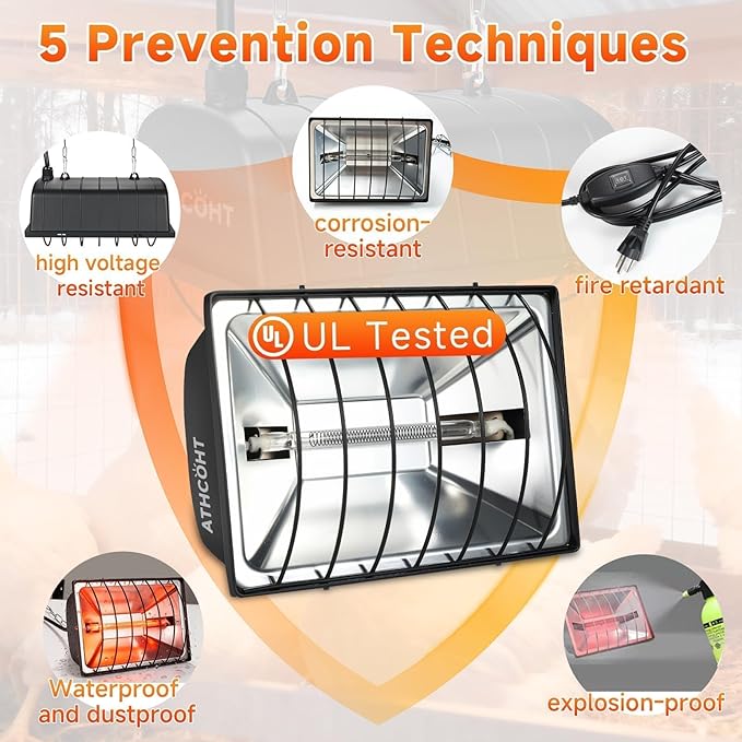 300W Heat Lamp for Chickens Brooder Heater 2PCS Chicken Coop Heater Upgraded 12000H Carbon Fiber Bulbs Adjustable 2 Mode Temp Safe Fire Proof Chicken Heating Plate UL-Certified for Poultry Duck Quail