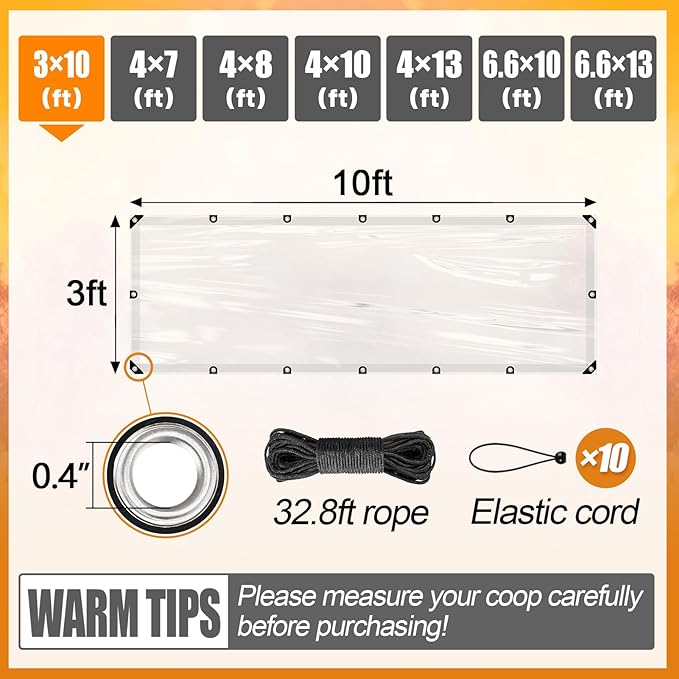 3x10ft Chicken Coop Covers Accessories for Winter - Easy to Install Waterproof Chicken Run Tarp with Elastic Cords & Rope