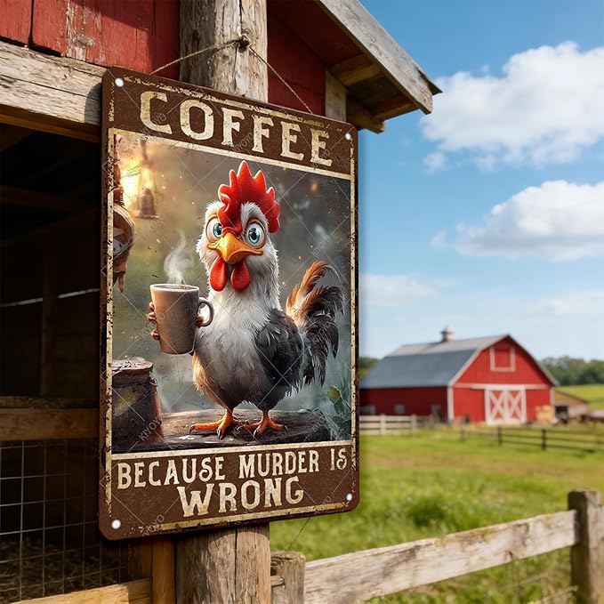 Chicken Coffee Because Murder Is Wrong Vintage Metal Tin Sign Rustic Farmhouse Wall Decor for Kitchen Cafe Barn Country Home Retro Iron Art Plaque 12x8 Inch