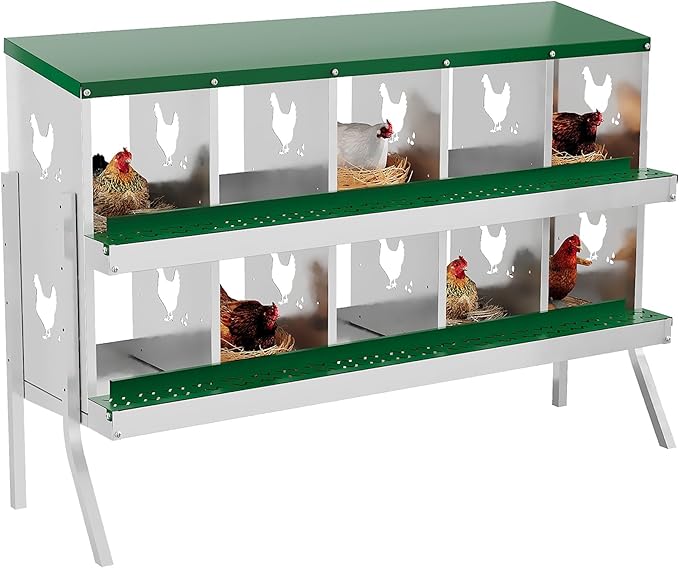 Heavy Duty Galvanized Metal Chicken Nesting Box - Rustproof Egg Laying Box for Hens with Slanted Roof, Rollout Design - Wall Mount or Freestanding Poultry Nest for Chicken Coop (10-Hole)