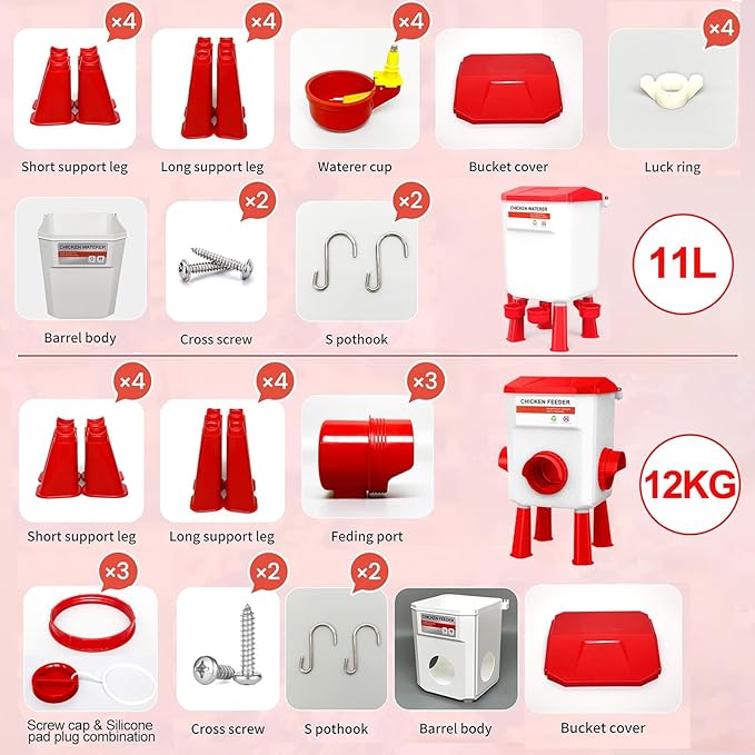 Chicken Feeder and Waterer Set, Chicken Coop Accessories with Hanging Chicken Feeder and Hanging Chicken Waterer Kit No Waste, 3 Gallon/26 Pounds, Red
