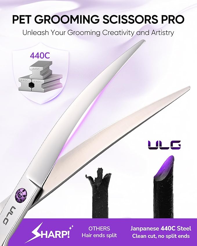 ULG 30° Curved Dog Grooming Scissors 440C Stainless Steel, 7.5" Professional Pet Grooming Shears with Reversible Butterfly Handles, Dog Scissors for Grooming Face, Eyes, Paws & Body