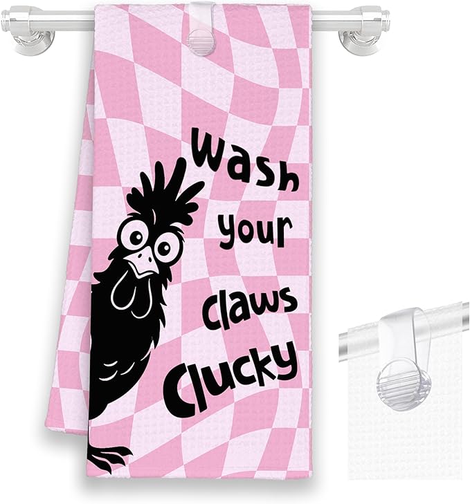 Pink Funny Chicken Rooster Bathroom Kitchen Towels, Wash Your Claws Hand Towel for Girly Room, Farmhouse Cock Gifts for Farmer, Trendy Preppy Checkered Dish Towels Decor for Dorm Home 16x24in