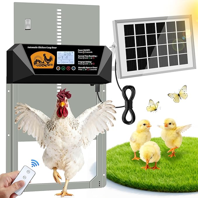Extra Large Automatic Chicken Coop Door Solar Powered, 16'' x 12'' Aluminum Auto Chicken Coop Door with Timer, Remote, Anti-Pinch, Weatherproof for Chickens, Ducks & Geese