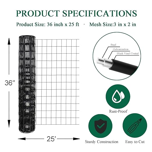 Black PVC Coated Welded Wire Fence 36 Inch x 25 Foot, 2 Inch x 3 Inch 16GA, Garden Border Fencing Roll Vinyl Coating Metal Wire Mesh for Yard Vegetable Plant Protection Poultry Netting
