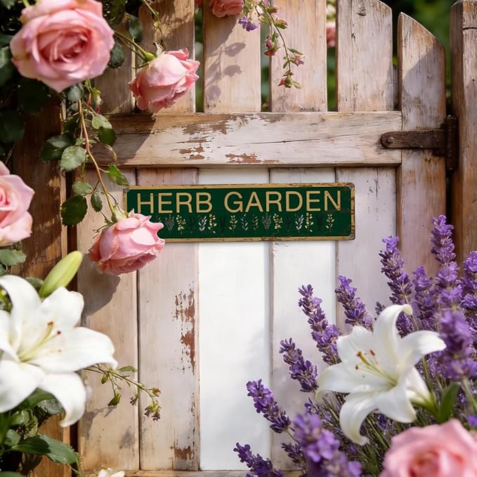 Herb Garden Metal Tin Sign, Vintage Rustic Garden Decor, Farmhouse Botanical Wall Decor, for Kitchen Yard Fence Porch Door, Outdoor Gardens Decoration, Ideas for Gardening Lovers, 15.7 x 3.9 Inches