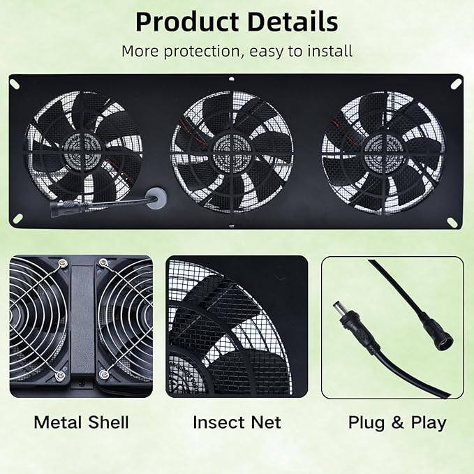 25W Solar Powered Exhaust Fan Kit with 12000mAh Lithium Battery Ideal for Chicken Coops Greenhouses Attics and Sheds 2600RPM 10ft Cord IP67 Waterproof Black