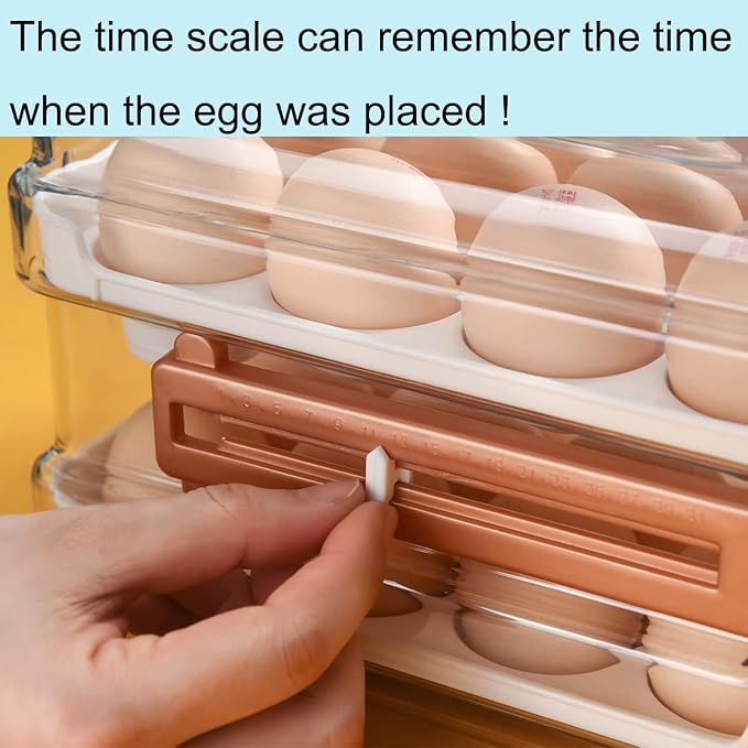 Sooyee 32 Capacity Egg Holder for Refrigerator with Time Scale,Egg Container for Refrigerator,2 Drawers Egg Storage Container/Organizer/Bin