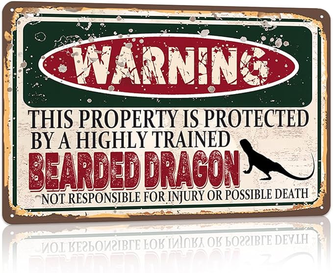 Vintage Bearded Dragon Metal Sign， Warning this property is protected bY a highly trained Bearded Dragon Sign Funny Tin Signs 12x8 Inch