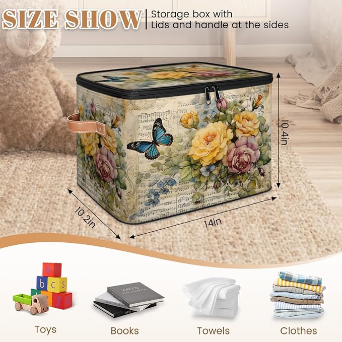 Retro Flowers Storage Bins with Lids, Watercolor Butterfly Fabric Storage Boxes with Zipper, Collapsible Decorative Closet Organizer Cube for Clothes, Organizing, Shelves