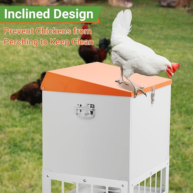 Chicken Feeder with Grille, 85LBS No Waste Chicken Feeder with 22 Ports, Powder-Coated Steel Feeder w/Waterproof Lid and Stainless Handles, 18”L x 15.1”W x 29.5”H