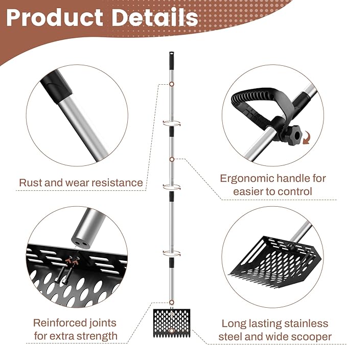 2-in-1 Chicken Poop Scooper & Rake,10" Wide Metal Sand Sifting Shovel with Grip,Chicken Pooper Scooper for Poop Shavings,Litter Scooper for Chicken Coop Accessories,Adjustable Handle (24" to 66")