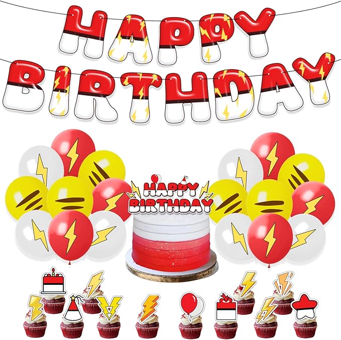 Cartoon Birthday Decorations Red White Yellow Happy Birthday Banner Balloons Cake Cupcake Topper for Anime Theme Party Decor Supplies