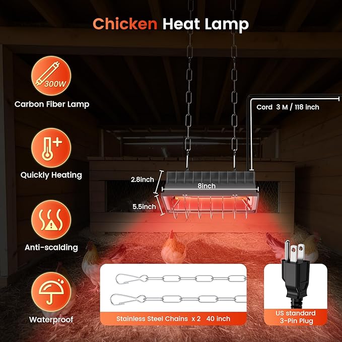 Chicken Coop Heat Lamp, 300W Brooder Heater for Chicks 9.84ft Cord UL Passed Carbon Fiber Bulbs Heater with Adjustable Hanging Height for Livestock Supplies Indoor Warmer