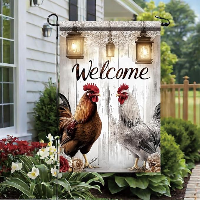 Welcome Rooster Garden Flag 12x18 Inch Double Sided Outdoor Yard Banner Farmhouse Chicken Lantern Rustic Wood Design Country Home Decoration for Porch Patio Lawn Garden Decor