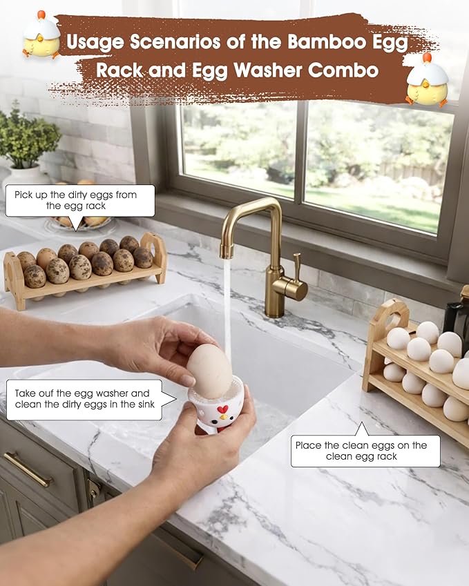 Bamboo Egg Holder Countertop with Silicone Egg Cleaner, 2-Tier Egg Holder for 24 Eggs, Stackable Design for Fresh Eggs, Farmhouse Egg Tray Storage Display Rack，Fits Quail, Duck, Chicken Eggs