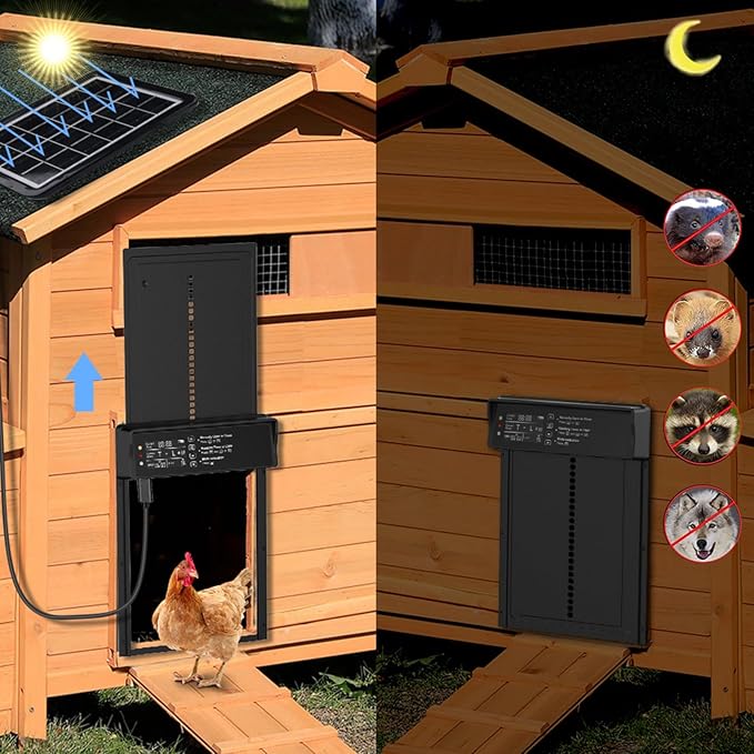 Automatic Chicken Coop Door Solar Powered, Third-Generation Upgraded, Aluminum Alloy | Light Sensor & Timer | Anti-Pinch | LCD Dsipiay | Remote Control | Low Battery Reminder | Alarm Mode