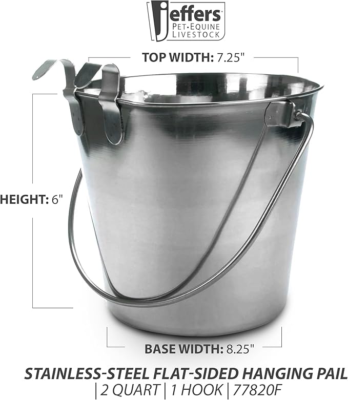 Jeffers Flat Sided Stainless Steel Pails with 1 Hook & 2 Quart – Dishwasher Safe, Durable Feeding & Milk or Water Buckets for Pet, Livestock & Farm Use - Pail with Handle for Kennel, Cage, Fence