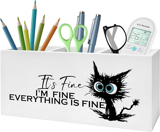 Funny Black Cat Pencil Pen Holder for Desk, I'm Fine Everything Is Fine Wooden Pencil Holder Organizer for Home Office Desk Accessories, Funny Office Gifts for Coworkers