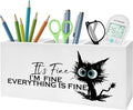Funny Black Cat Pencil Pen Holder for Desk, I'm Fine Everything Is Fine Wooden Pencil Holder Organizer for Home Office Desk Accessories, Funny Office Gifts for Coworkers