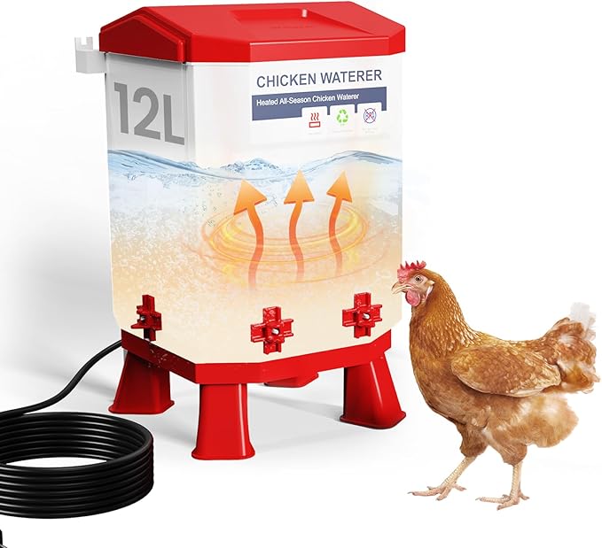 3.2 Gallon Heated Chicken Waterer with 4 Nipple Drinkers - Adjustable Height, BPA-Free, Freeze-Proof, 110V Electric, Suitable for Chickens, Ducks, Geese & Quails,12L (1 pc)