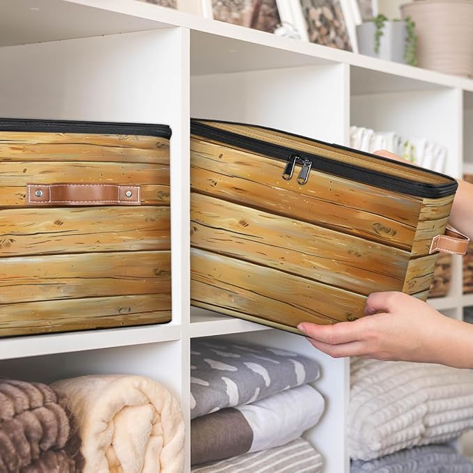 Rustic Texture Wood Storage Bins with Zipper Lid Fabric Storage Containers for Clothes Collapsible Closet Storage Basket with Metal Frame 1 Pack