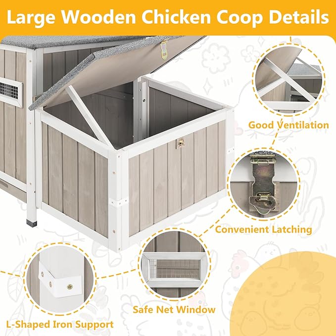 Chicken Coop for 1-3 Chickens, Wooden Hen House with 4 Nesting Boxes, Openable Waterproof Roof & Pull-Out Tray, Outdoor Poultry Cage Rabbit Hutch Duck House with Window