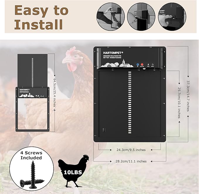 Automatic Chicken Coop Door – App-Controlled Schedule, Solar/Battery/Plug-in Powered, Anti-Pinch Motion Sensor with Resistance Detection, Weatherproof Aluminum Electric Door - HARTOMPET