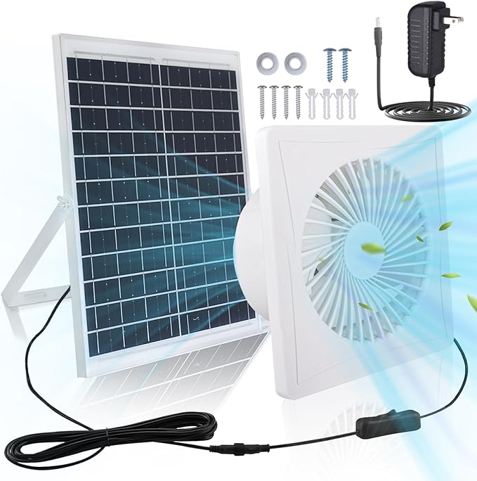 Solar Exhaust Fan, 25W Solar Panel 8'' High Speed with Bracket Solar Powered Fan, 2600 RPM Powerful Solar Fan for Chicken Coop, with an AC to DC Power Adapter for Greenhouse,Shed Attic