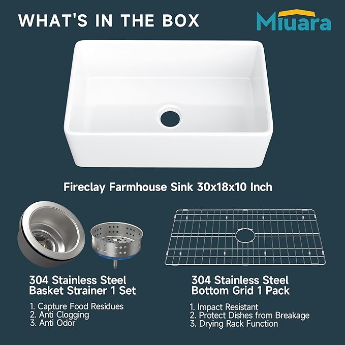 Miuara Farmhouse Sink 30 Inch - White Apron Front Undermount Kitchen Sink Reversible 30"x18"x10", Farm House Style Single Bowl, Heavy Duty Solid Fireclay, Glossy White, for Kitchen & Laundry